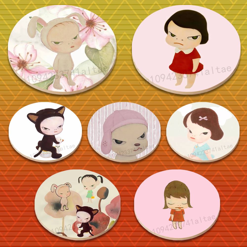 Coffee And Tea Bar - Y-Yoshitomo N-Nara A-Art Round Wooden Coasters