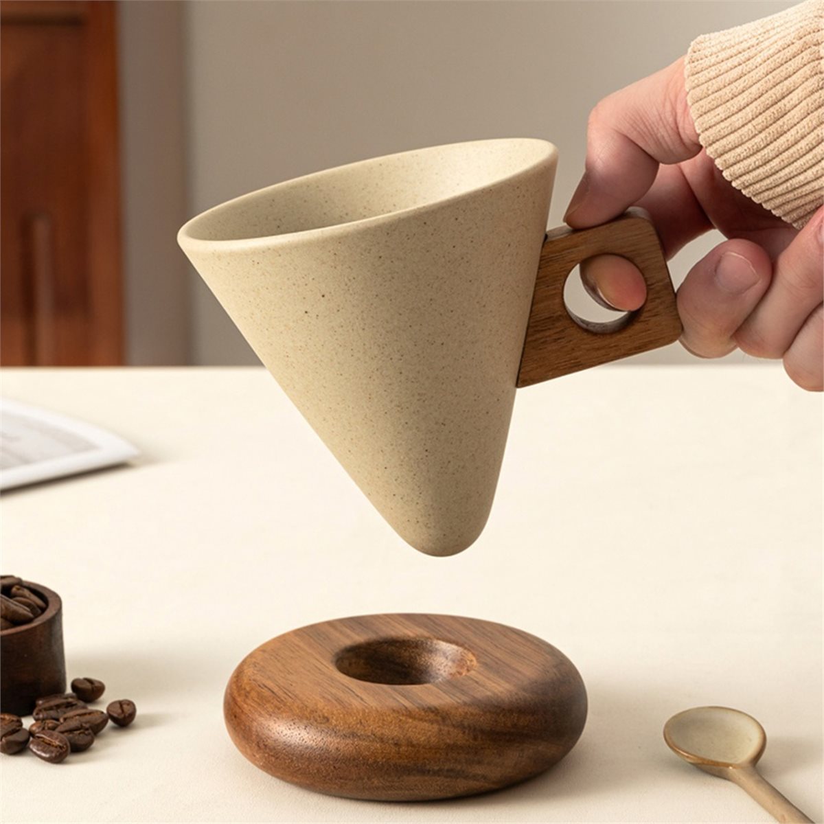 Ceramic Coffee Cup& Wood Base  - Coffee Tea Mugs 评论和价格